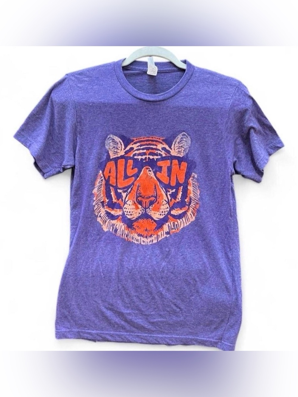 Tultex Purple Womens Clemson Football Tee with Orange Tiger 'All In' Graphic